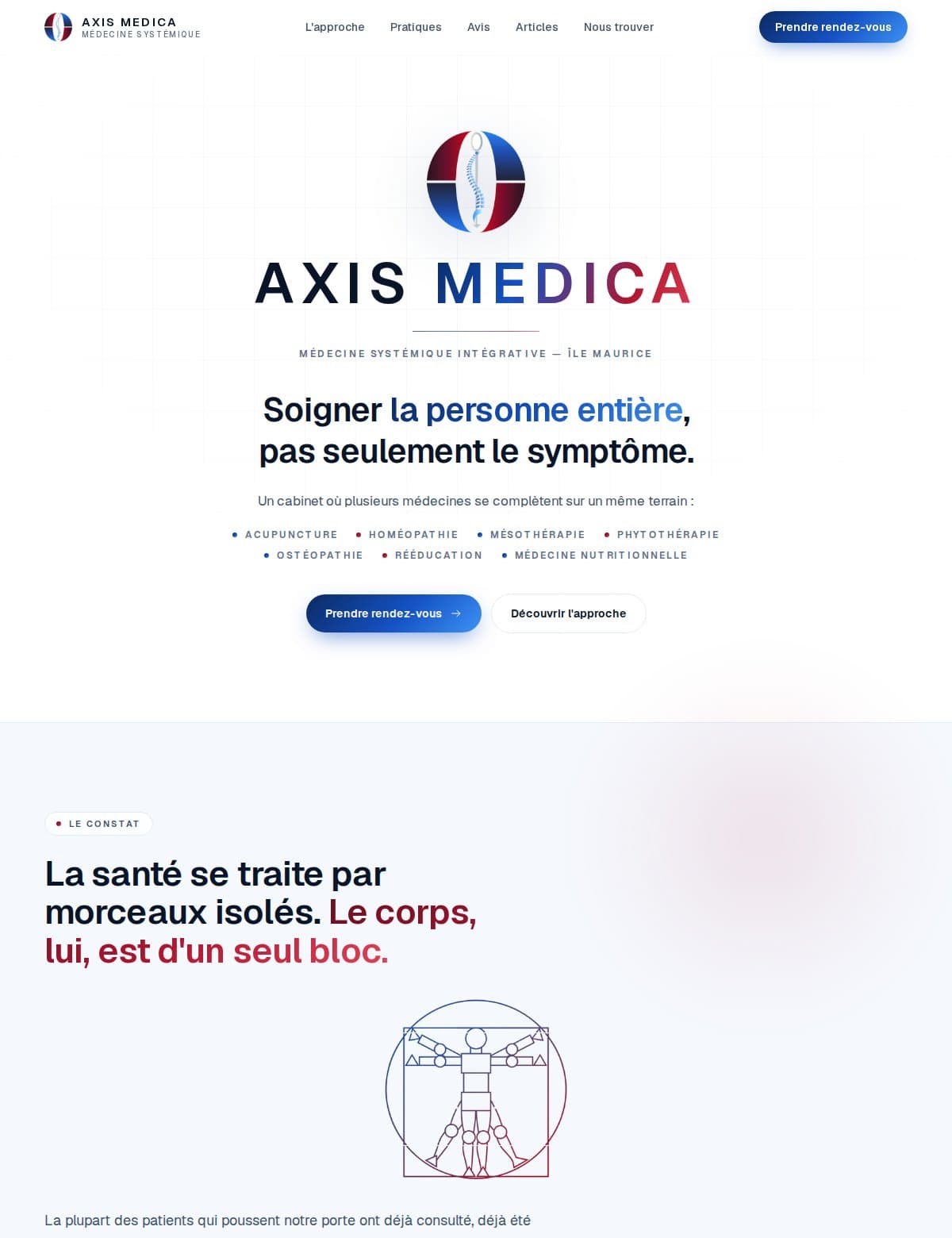 Page d'accueil du site axismedica.care : logo Axis Medica, titre « Soigner la personne entière, pas seulement le symptôme » et bouton de prise de rendez-vous