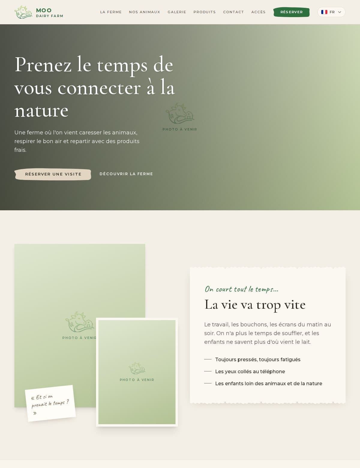 Page d'accueil du site moodairy.farm : titre « Prenez le temps de vous connecter à la nature » et bouton pour réserver une visite